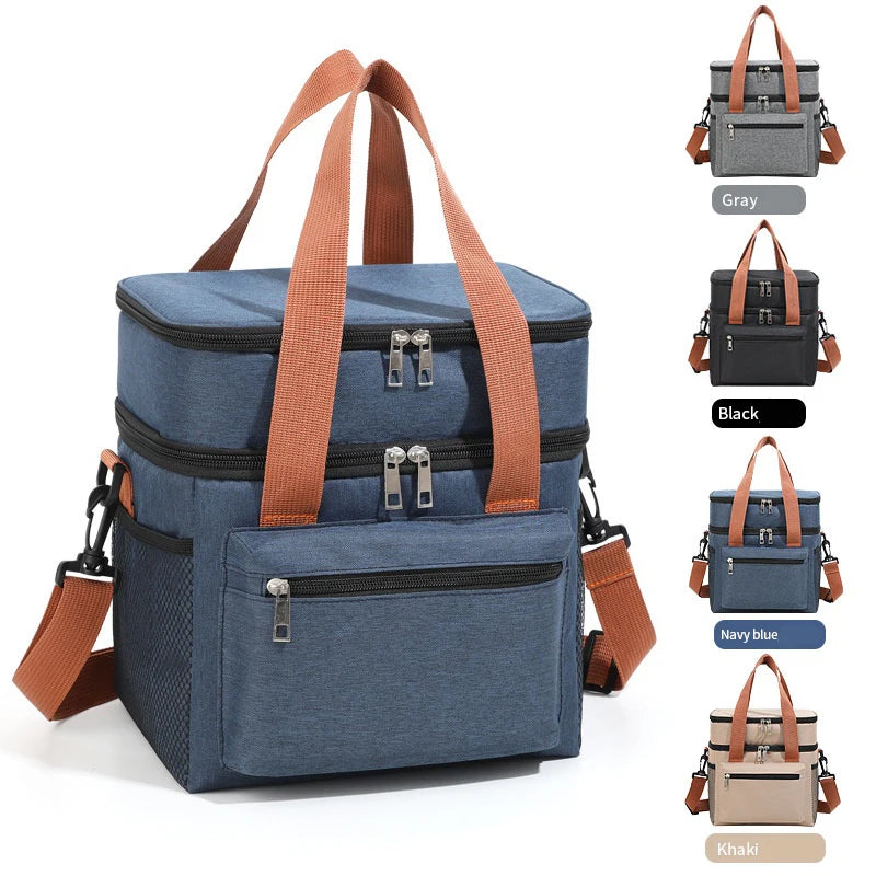 Thermal Lunch Bag Double Layers Large Capacity Lunch Boxes Bags Portable Crossbody Picnic Food Drink Storage Bag Cooler Tote New