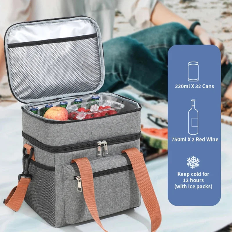 Thermal Lunch Bag Double Layers Large Capacity Lunch Boxes Bags Portable Crossbody Picnic Food Drink Storage Bag Cooler Tote New